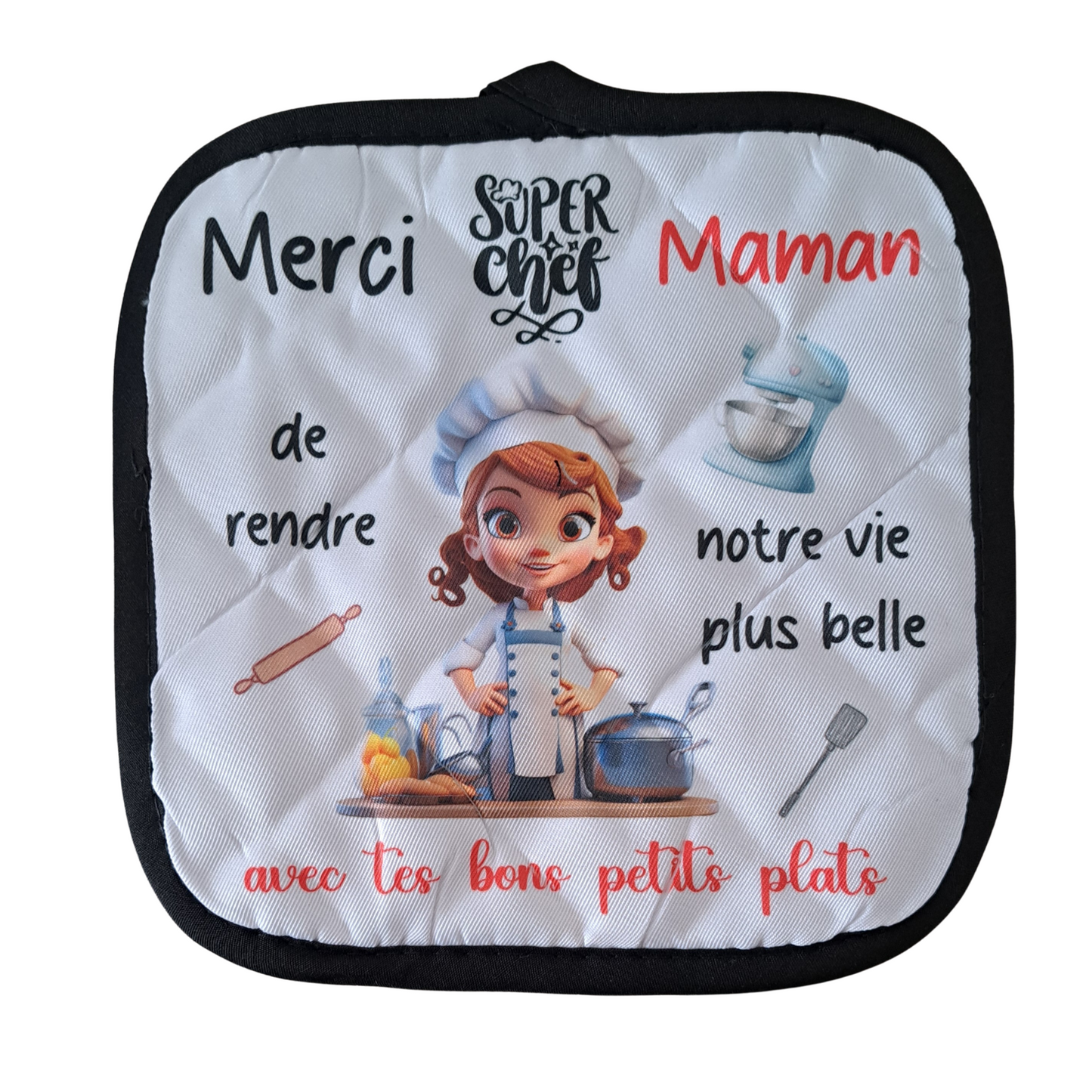 Ensemble manique et gant de cuisine " merci maman"